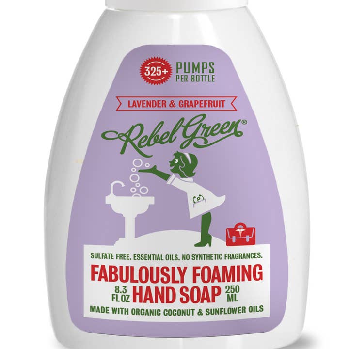 Image of 8.3 oz pump bottle of Rebel Green Lavender & Grapefruit Foaming Pump hand soap The bottle has a purple label with vintage style graphics and writing. The image has two bottles. Bottles are sold separately.