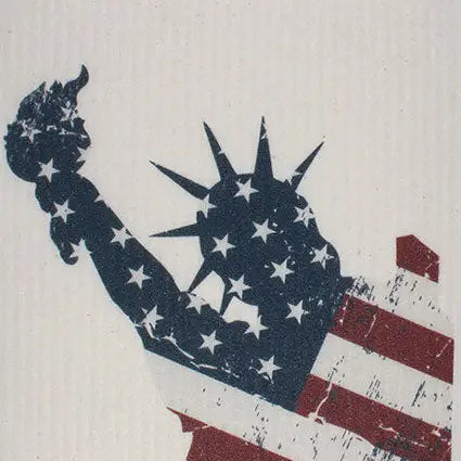 Image of white Swedish dishcloth with upper half of Statue of Liberty printed on it. Lady Liberty is printed in red, white and blue stars and stripes theme.