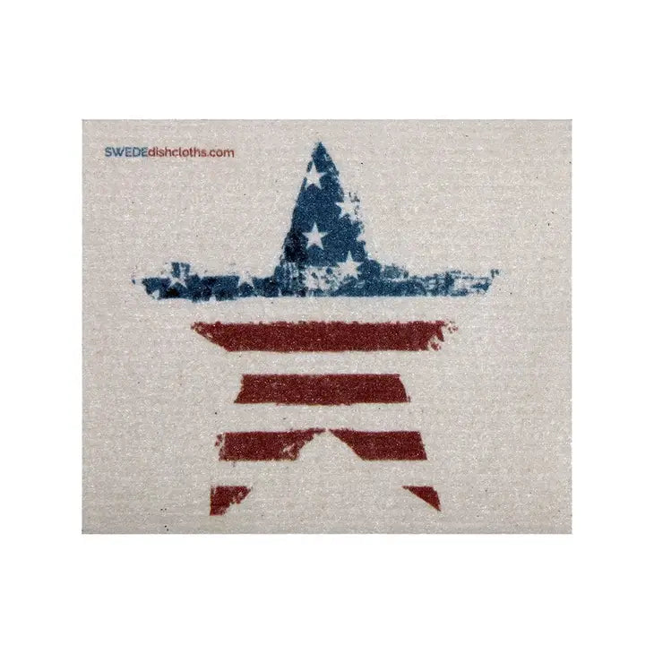 Image of white Swedish dishcloth with a single star printed on it in the center. The star is printed in a red, white, and blue stars and stripes theme.