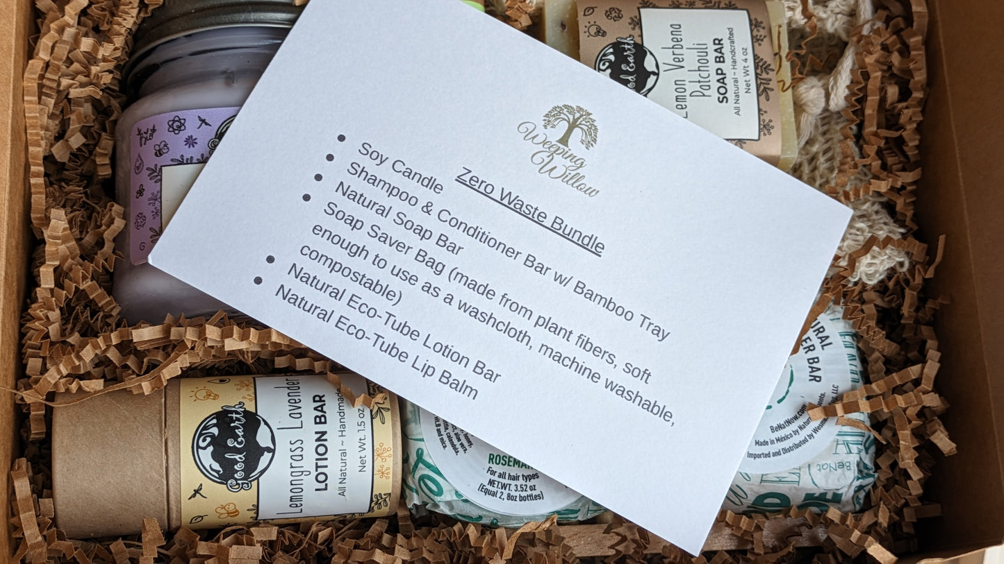 Six eco-friendly products bundled to make the perfect gift for anyone. (Scents and flavors with vary based on availablity.) Clean burning soy candle in recyclable mason jar, zero waste shampoo and conditioner bars with bamboo tray, natural soap bar with machine washable soap saver bag that is soft enough to use as a wash cloth and compostable at the end of its life, natural eco-tube lotion bar, and a natural eco-tube lip balm.