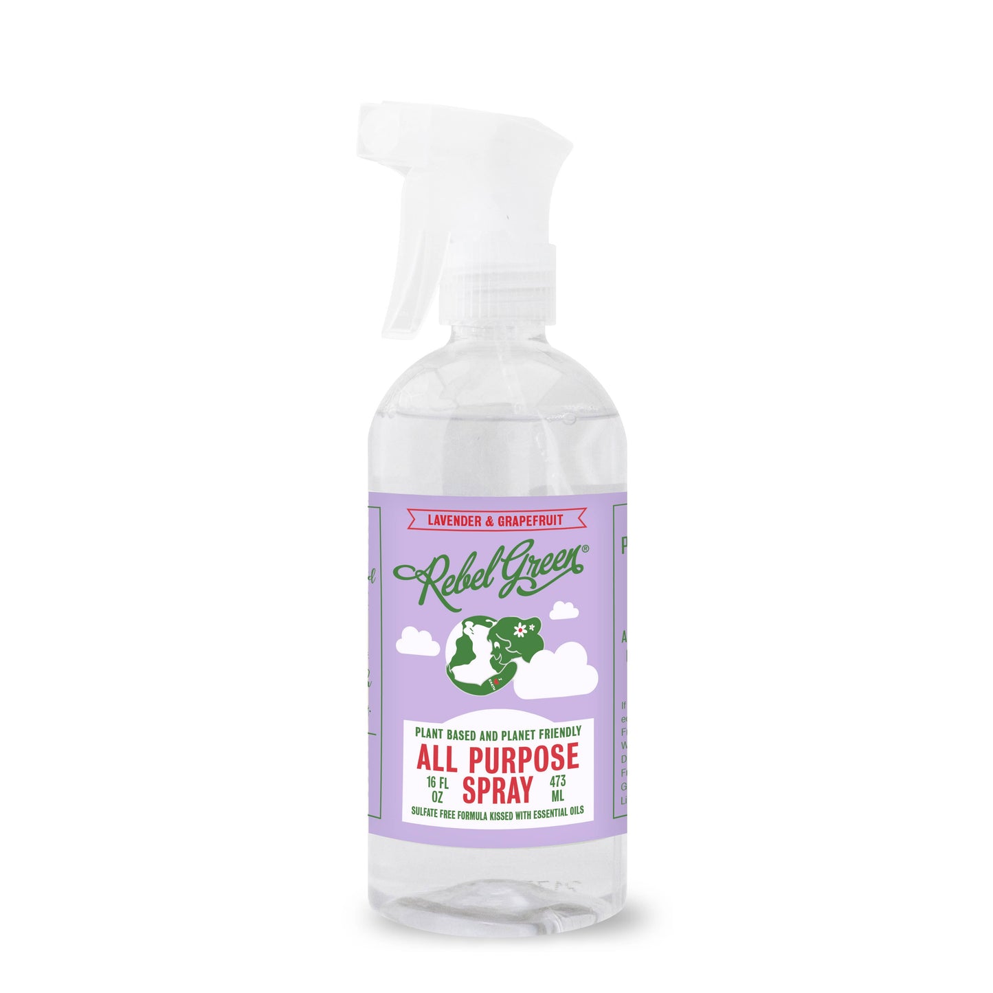 16 oz Spray bottle of Rebel Green Lavender and Grapefruit All Purpose Cleaner. The bottle has Purple label with vintage style graphics and writing.