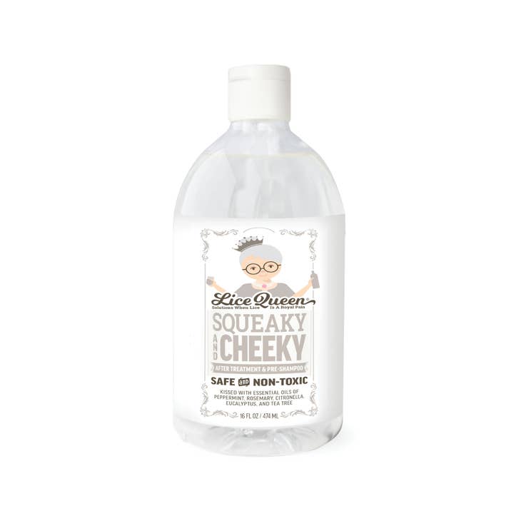 image of 16 oz bottle of Safe and Non-Toxic Lice Queen Squeaky and Cheeky after treatment and pre-shampoo .