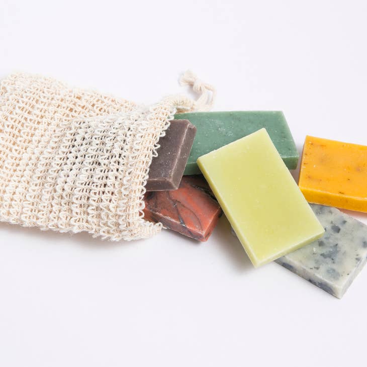 image of sisal fiber drawstring soap saver bag with small pieces of soap bars