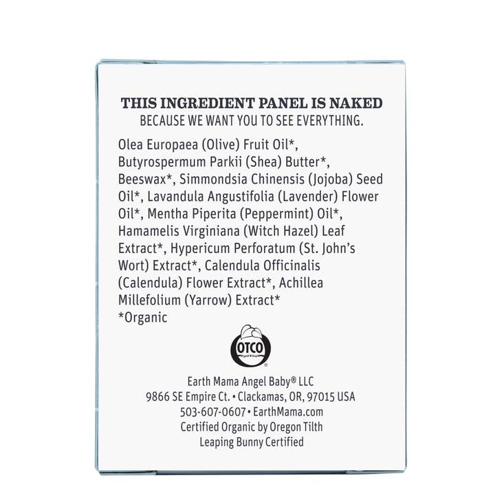 image of back of product packaging with ingredients and maunfacturer's information, certified organic, leaping Bunny.