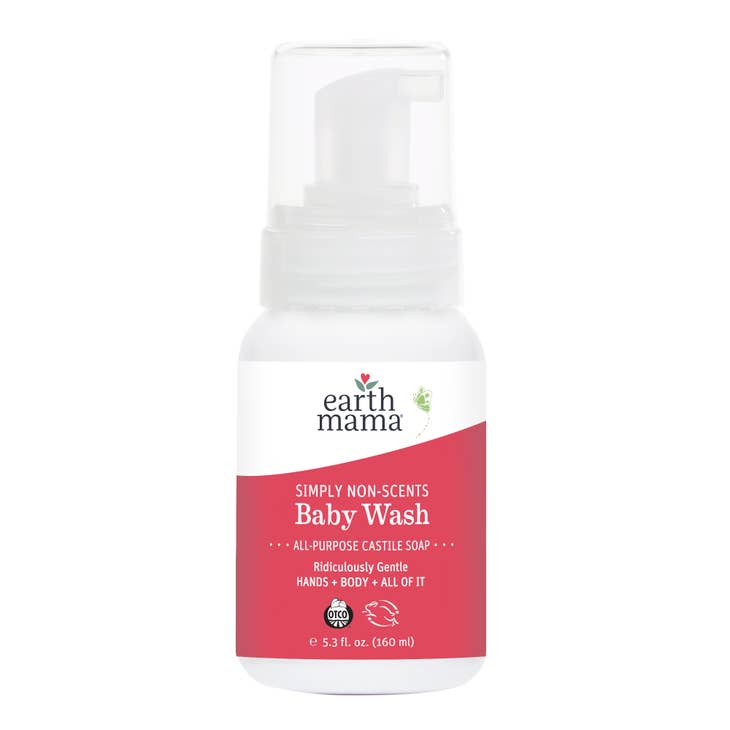 Image of 5.3 oz foaming pump bottle of earth mama organics simply non-scents baby wash.