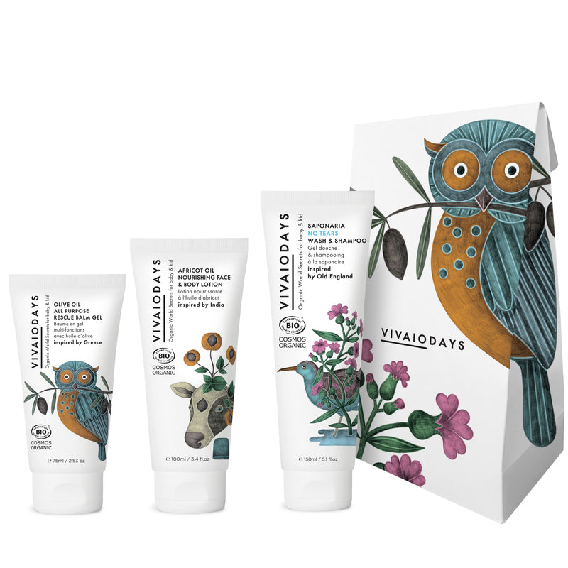 Image with set of three VIVAIODAYS baby products, one rescue balm gel, one face and body lotion, one no tears wash and shampoo.