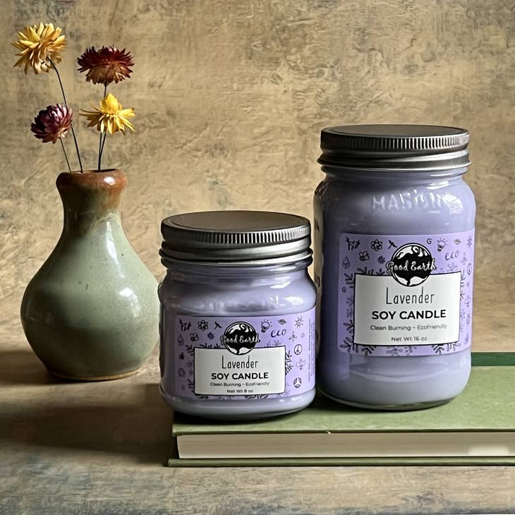 image of purple lavender soy candles in mason jars