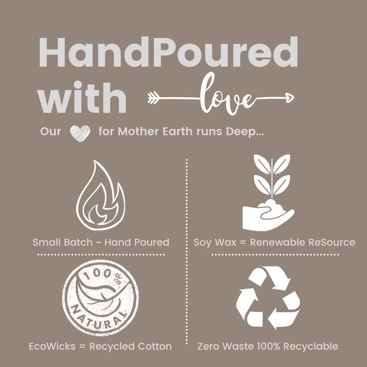 product information showing "handpoured with love, small batch, soy wax = renewable resource, ecowicks = recycled cotton, zero waste 100% recyclable"