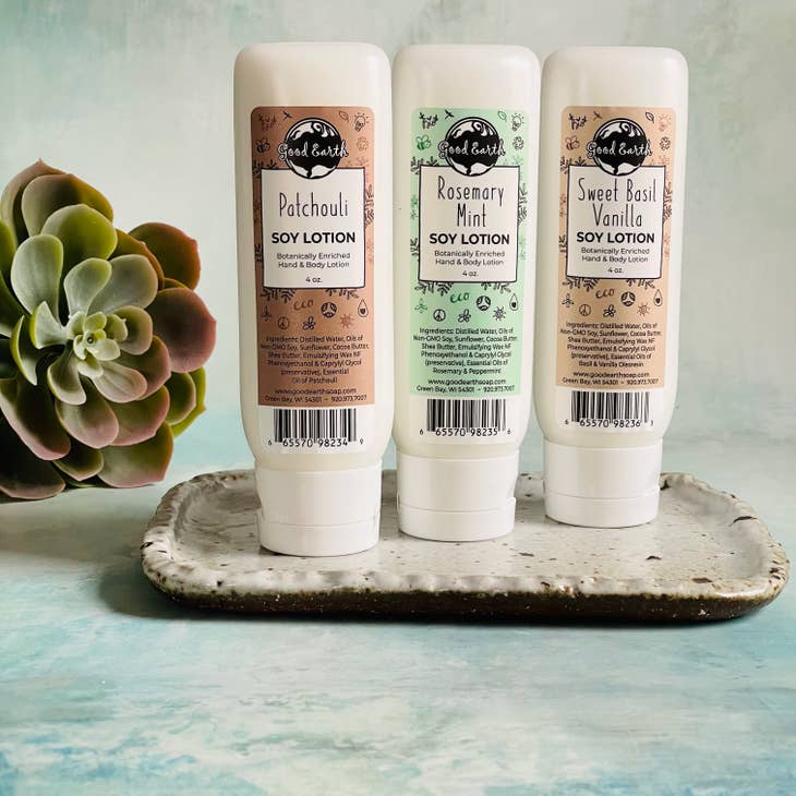 Images of different scented soy lotions, patchouli, rosemary mint, sweet basil, vanilla.