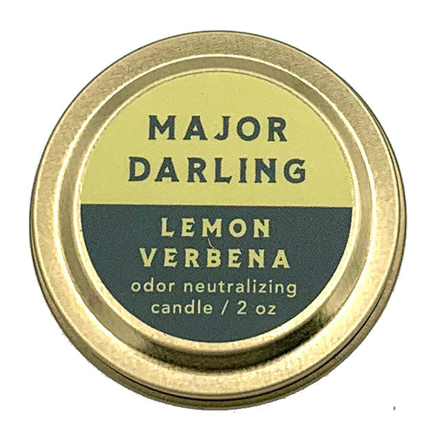 image of lid for major darling brand lemon verbena pet odor neutralizing candle, 2 ounce. tin
