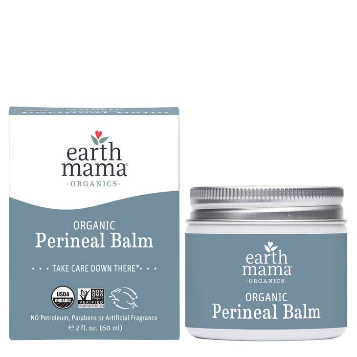 Image of Packaging for perineal balm box and container it comes in with blue label, 2 fl. oz.