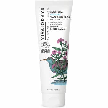 Image of 5.1 fluid ounce bottle of VIVAIODAYS brand 2 in 1 baby wash and shampoo. White Tube with bird and flowers on the front. 
