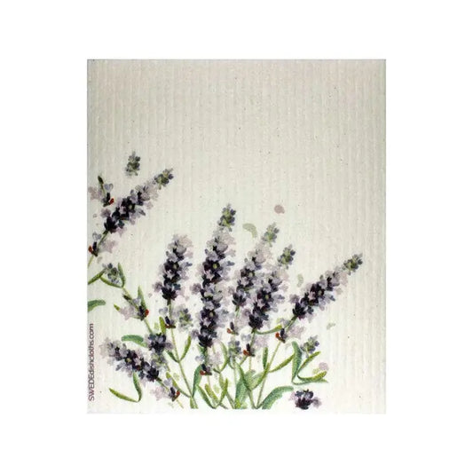 Image of white Swedish dishcloth printed with lavender flowers.