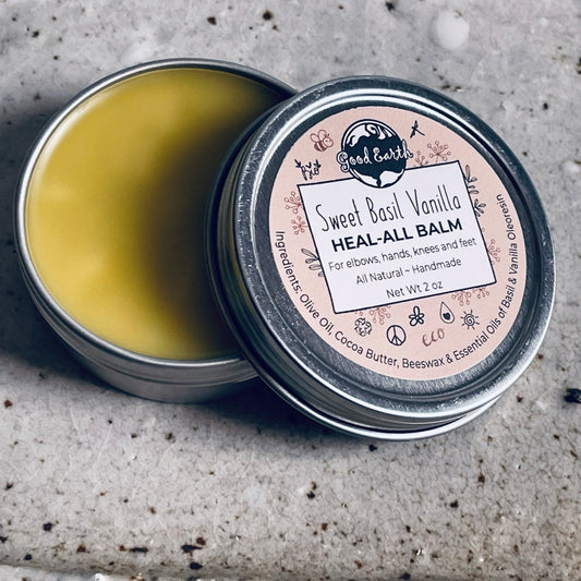 Image of a Sweet Basil Vanilla Heal-All Balm in a 2 oz tin.