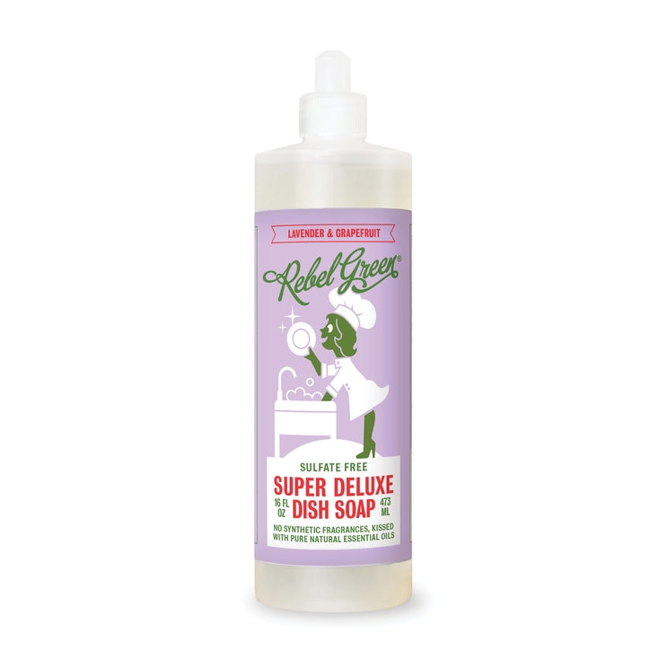 Image of a bottle of Rebel Green Lavender & Grapefruit Dish soap, label is purple, white and green with vintage look.