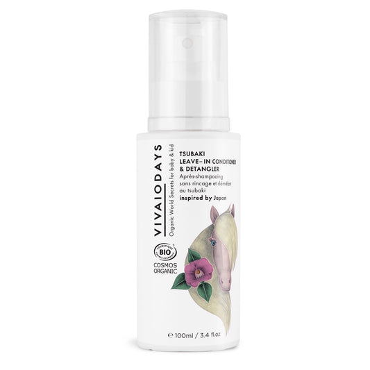 image of spray bottle of VIVAIODAYS tsubaki leave-in conditioner and detangler.  Product bottle has a pony and flower on front.