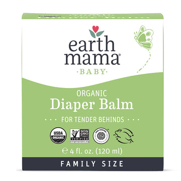 image of product packaging, cardboard box that container of organic diaper balm comes in, made by earth mama organics