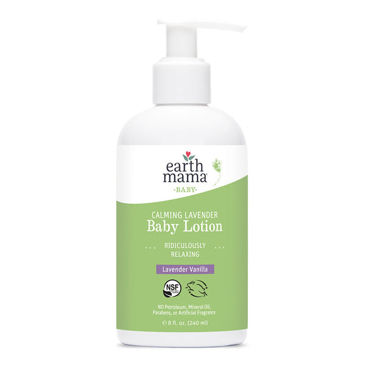 bottle of calming lavender baby lotion. White bottle with green label.