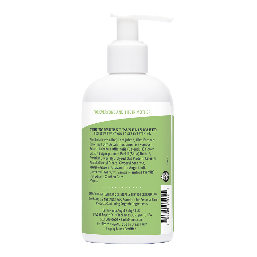 Bottle of calming Lavender baby lotion with label listing ingredients. 