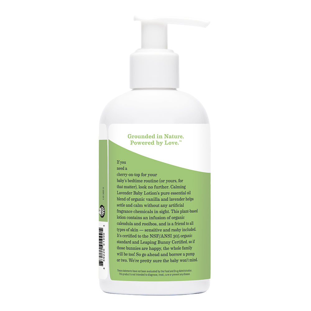 bottle of calming lavender baby lotion with descriptive label of product uses.