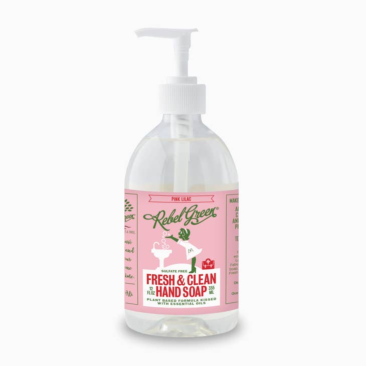 Image of 12oz bottle with pump of pink lilac rebel green hand soap plant based formula. 