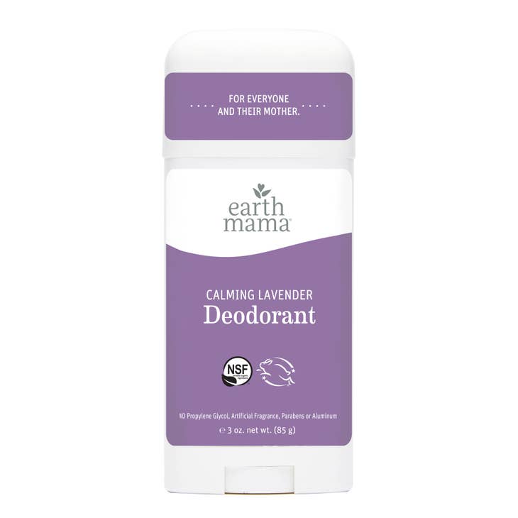 Image of Earth Mama calming lavender deoderant. White container with lavender label. 3 oz size