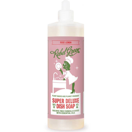 Image of 16 oz. bottle of Rebel Green Rose Lemon dish soap, label reading plant based, planet friendly, super deluxe  dish soap.