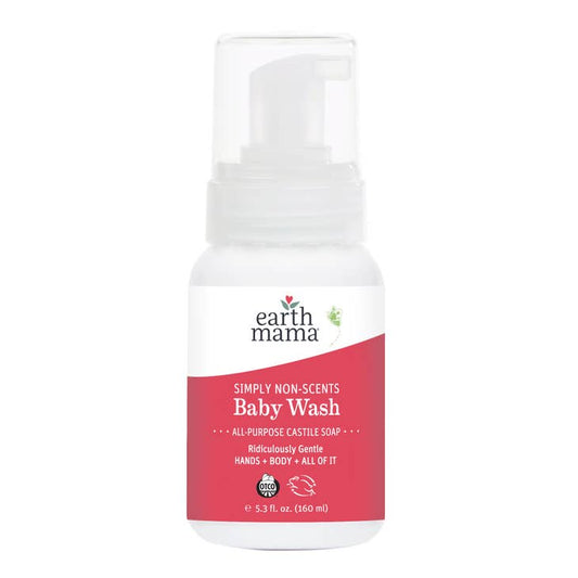 Image of 5.3 oz foaming pump bottle of earth mama organics simply non-scents baby wash.