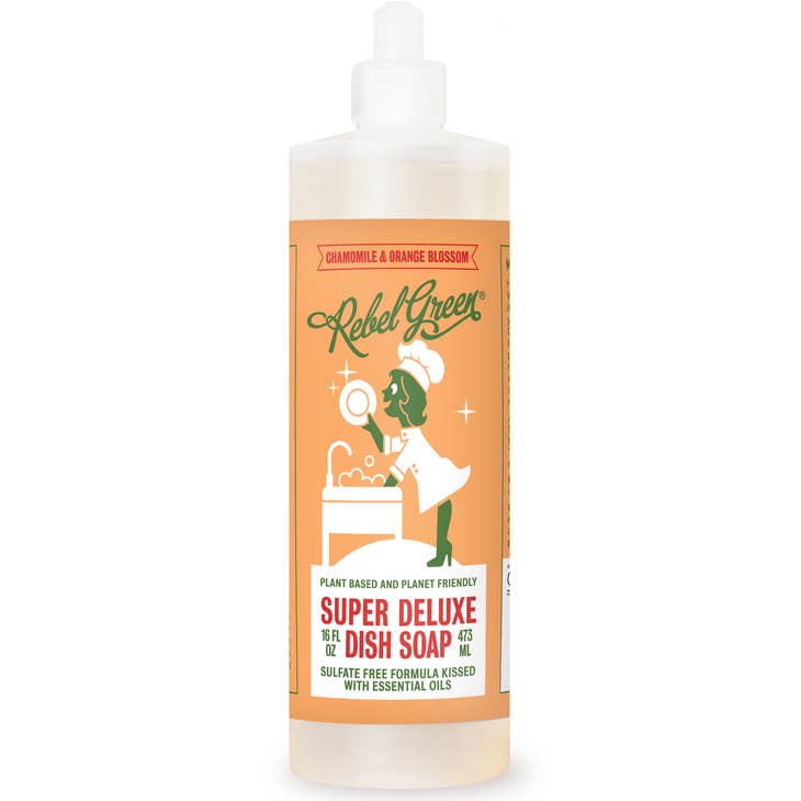 Image of 16 oz. bottle of Rebel Green chamomile and orange blossom dish soap, label reading plant based, planet friendly, super deluxe  dish soap.