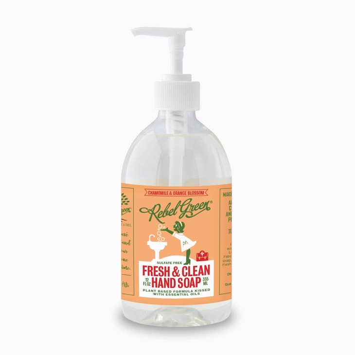 Image of 12oz bottle with pump of chamomile and orange blossom rebel green hand soap plant based formula. 