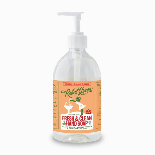 Image of 12oz bottle with pump of chamomile and orange blossom rebel green hand soap plant based formula. 