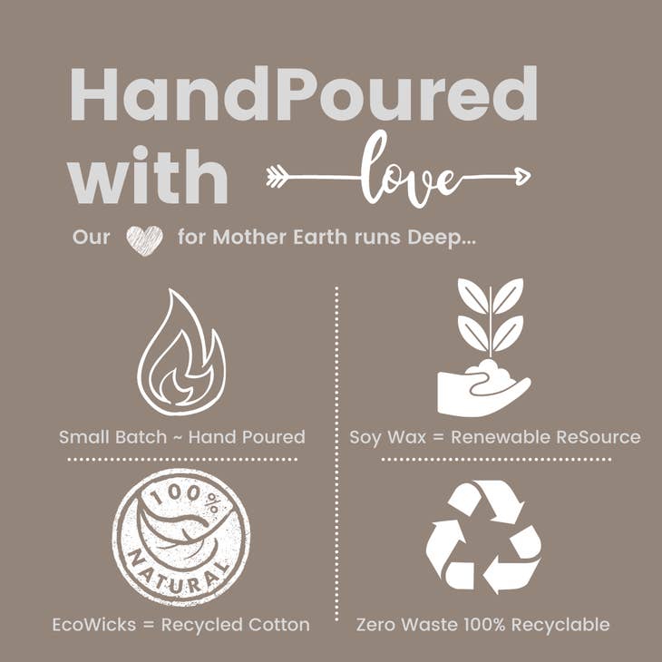 product information reading "hand poured with love, small batch, soy wax, ecowicks = recycled cotton, zero waste 100% recyclable