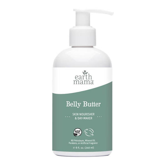 image of bottle of belly butter lotion, white pump bottle with sage label