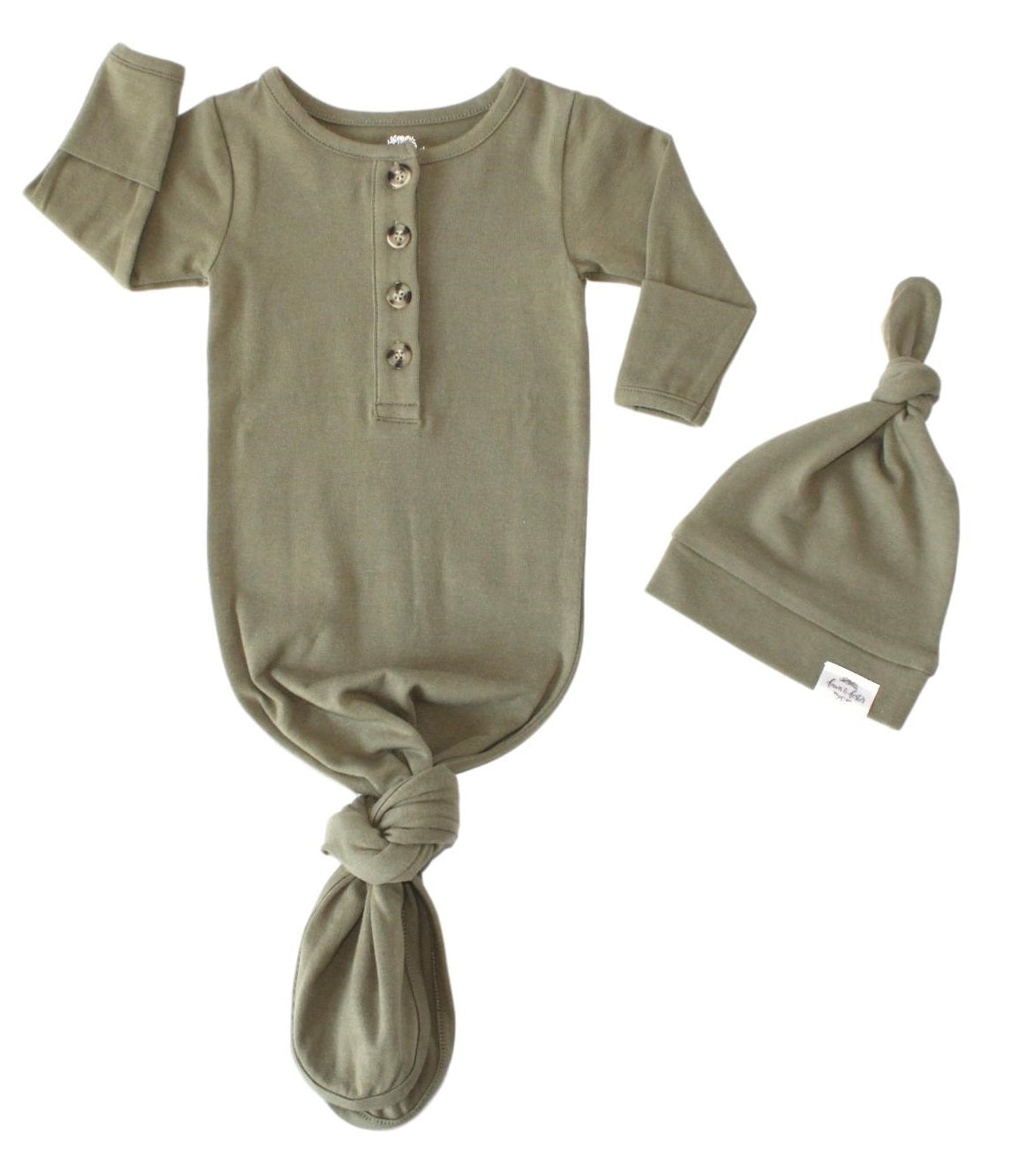 Image of olive knotted gown with knotted baby cap
