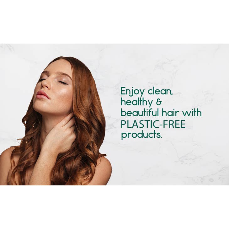 image of woman with long shiny hair, text reading "enjoy clean, healthy & beautiful hair with plastic-free products.