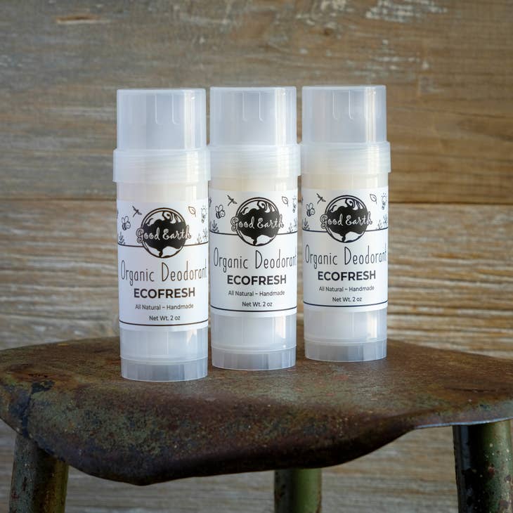 image of 3 containers of ecofresh deoderant, label reads "all natural - handmade"