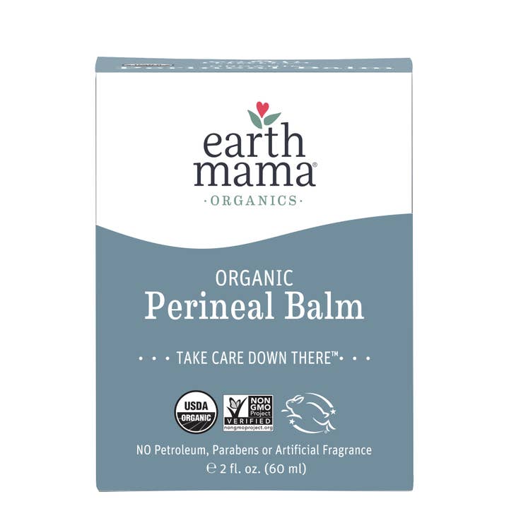 image of front size of box that balm is packaged in, reads organic perineal balm, 2 oz.