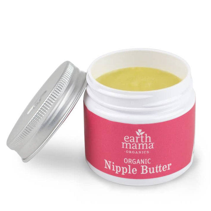 image of container of organic nipple butter from earth mama organics, lid is off showing salve like nipple butter inside. 