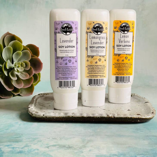 image of bottles of soy lotion made by good earth soap