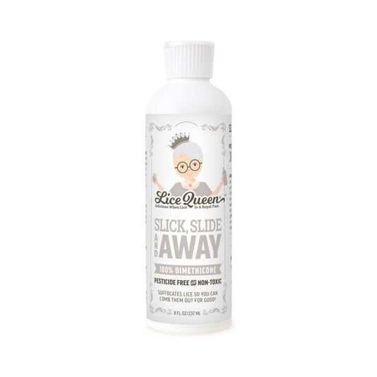 Clear 8 ounce bottle of Lice Queen Slick, Slide and Away Lice Treatment 100% Dimethicone, pesticide free and non-toxic.