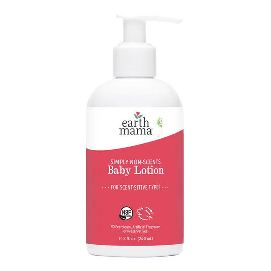 image of 8 ounce pump bottle of earth mama organic simply non-scents baby lotion.