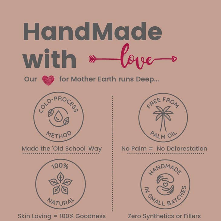 Image of product information reading, "handmade with love, cold-process method, made the old school way, no palm = no deforestation, 100% natural, handmade in small batches, zero synthetics or fillers."