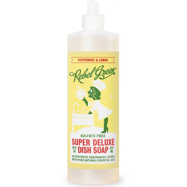 Image of 16 oz. bottle of Rebel Green Peppermint and Lemon dish soap, label reading plant based, planet friendly, super deluxe  dish soap.