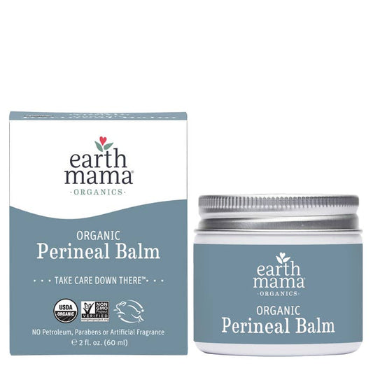 Image of Packaging for perineal balm box and container it comes in with blue label, 2 fl. oz.