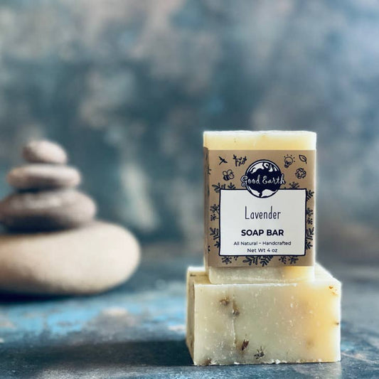 Image of Lavender Soap bars with stones stacked in the background