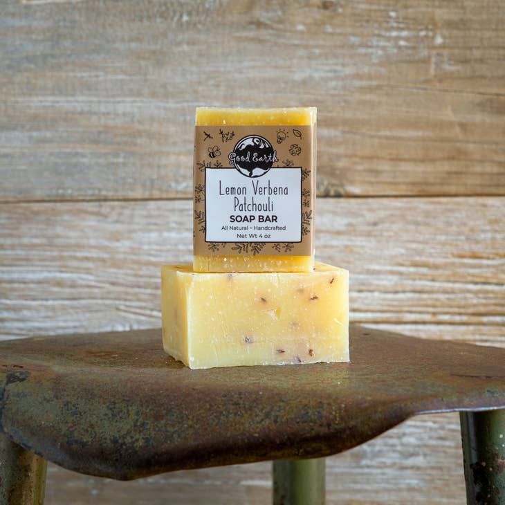 Image of lemon verbena patchouli Soap bars setting in a stool