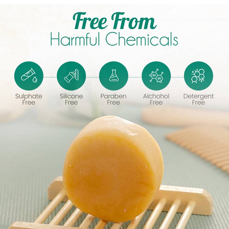 image of conditioner bar on bamboo tray, text reading "Free from harmful chemicals, sulphate free, silicone free, paraben free, alcohol free, detergent free."