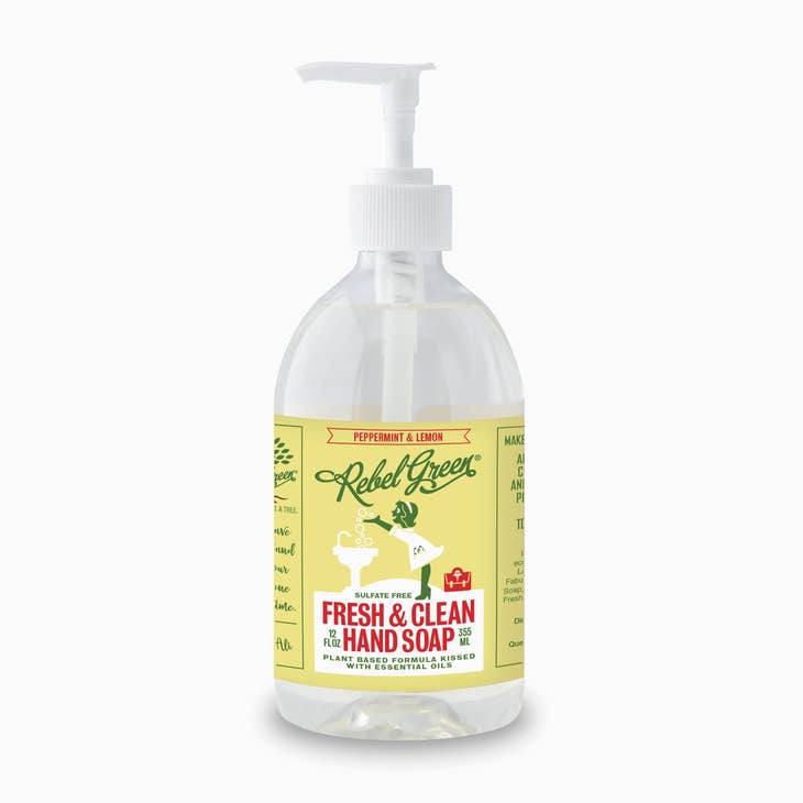 Image of 12oz bottle with pump of peppermint and lemon rebel green hand soap plant based formula. 