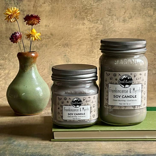 Iamge of mason jar soy candles, frankincense and Myrrh scented.ce