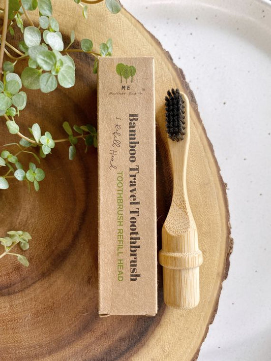 image of bamboo replacement head for bamboo travel toothbrush with cardboard packaging.